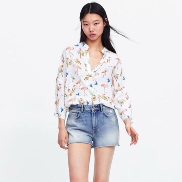 Zara Flamingo Bird Print Tunic Blouse - Picture 1 of 3